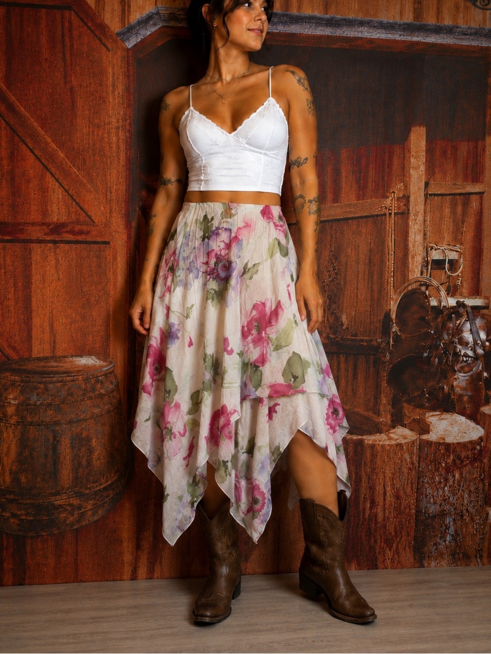 Y2K Watercolor Floral Handkerchief Hem Midi Skirt